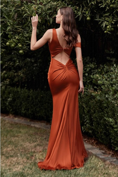 ONE SHOULDER GOWN WITH OPEN BACK AND RUCHING DETAIL