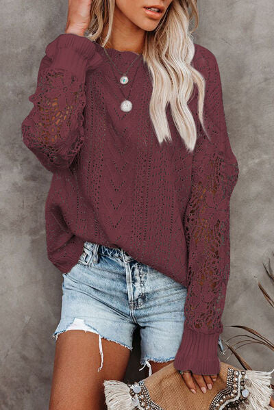 OPENWORK LANTERN SLEEVE DROPPED SHOULDER SWEATER