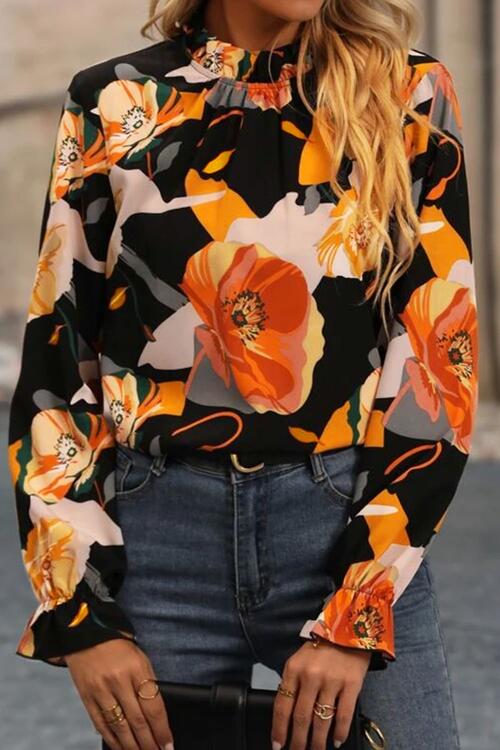 FLORAL MOCK NECK FLOUNCE SLEEVE BLOUSE