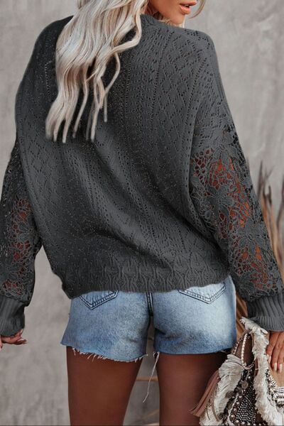 OPENWORK LANTERN SLEEVE DROPPED SHOULDER SWEATER