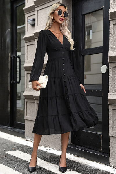 TIERED RUCHED BUTTON UP MIDI DRESS