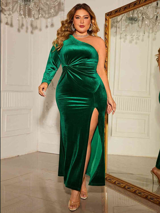 PLUS SIZE ONE SHOULDER TWISTED SPLIT DRESS