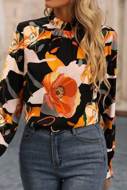 FLORAL MOCK NECK FLOUNCE SLEEVE BLOUSE