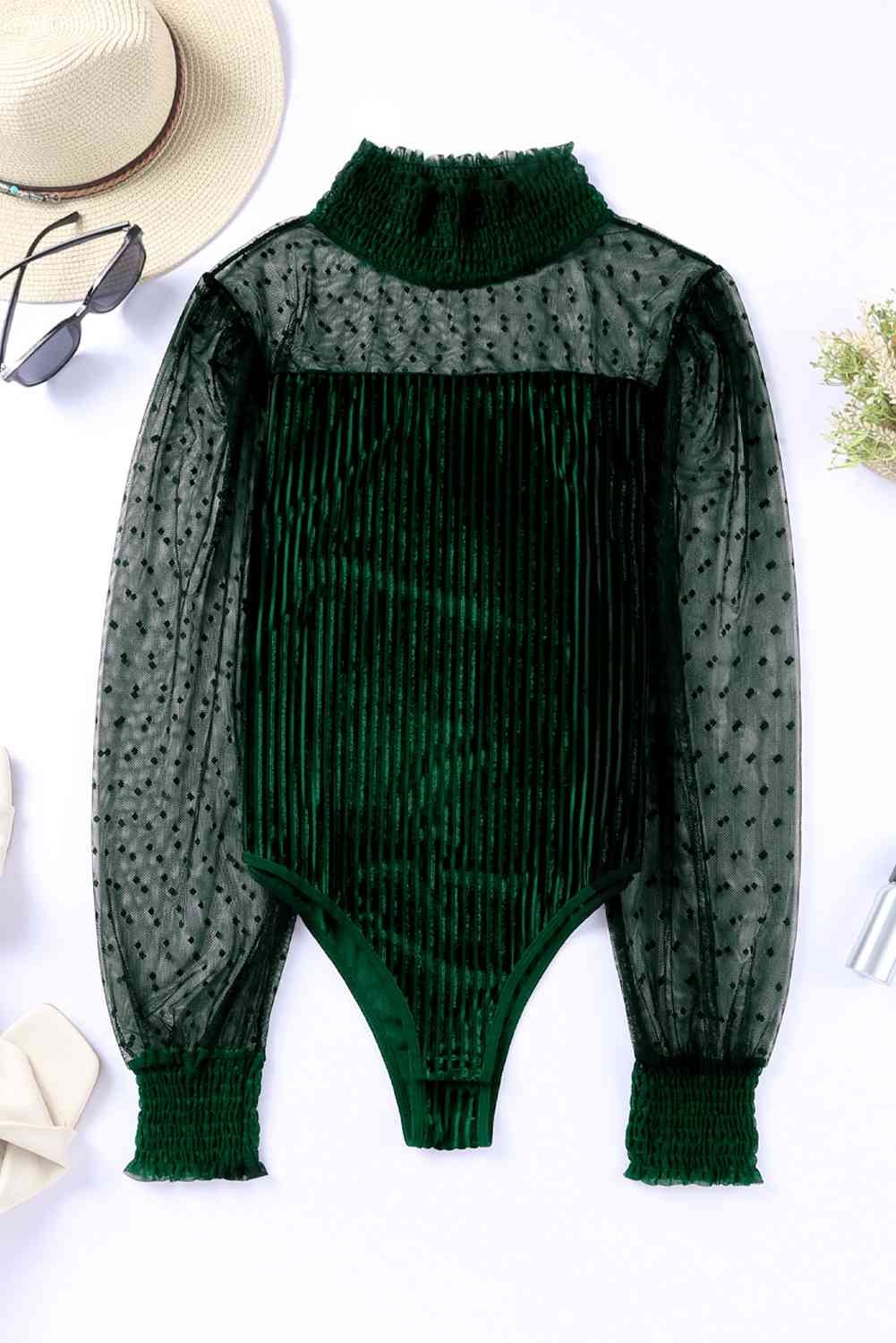 MESH LONG SLEEVE VELVET BODYSUIT