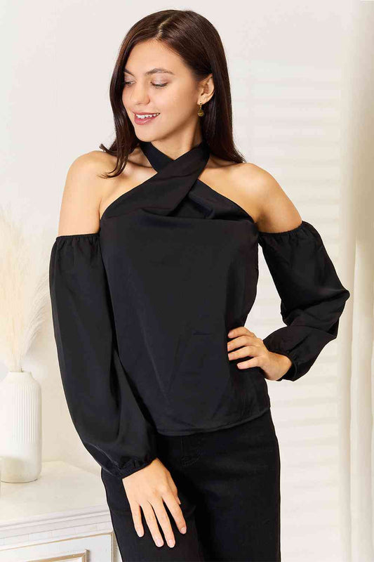 DOUBLE TAKE GRECIAN COLD SHOULDER LONG SLEEVE BLOUSE