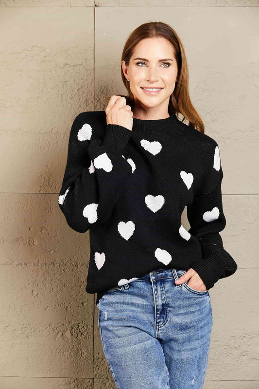 WOVEN RIGHT HEART PATTERN LANTERN SLEEVE NECK TUNIC SWEATER