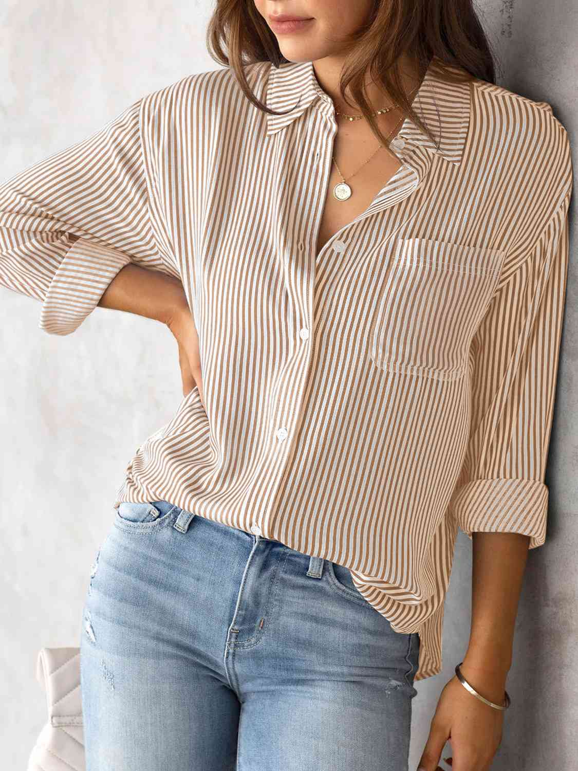 STRIPED COLLARED NECK SHIRT WITH POCKET