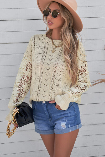 OPENWORK LANTERN SLEEVE DROPPED SHOULDER SWEATER