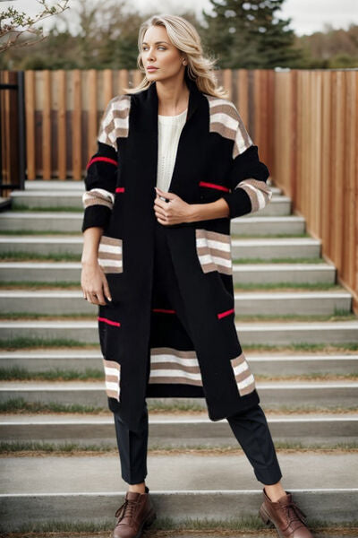 STRIPED OPEN FRONT LONG SLEEVE MAXI  CARDIGAN