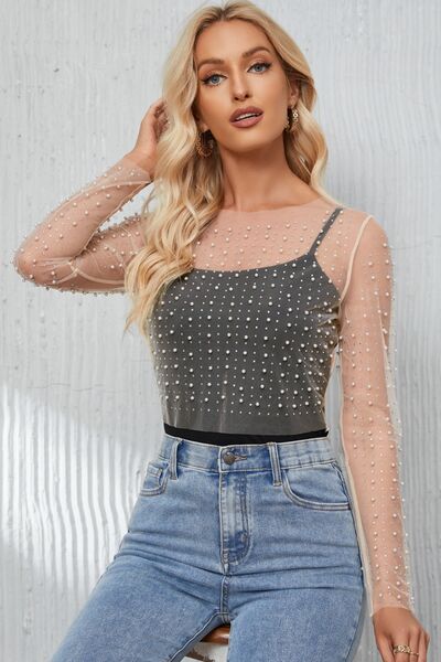 PEARL LONG SLEEVE MESH CROPPED TOP