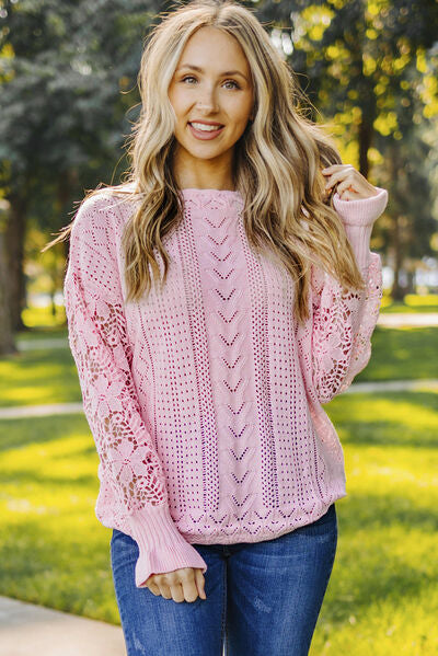 OPENWORK LANTERN SLEEVE DROPPED SHOULDER SWEATER