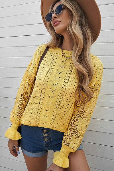 OPENWORK LANTERN SLEEVE DROPPED SHOULDER SWEATER