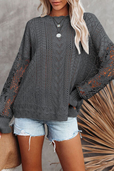 OPENWORK LANTERN SLEEVE DROPPED SHOULDER SWEATER