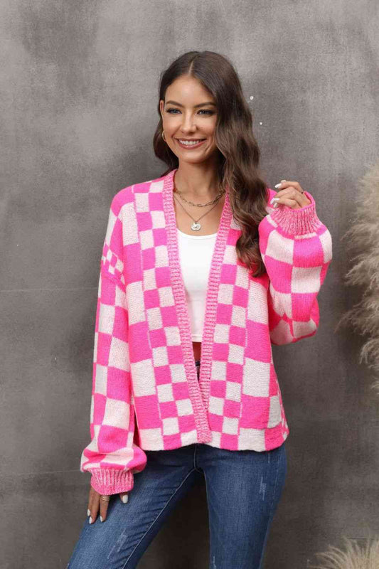 CHECKERED DROP SHOULDER CARDIGAN