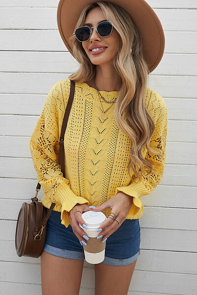 OPENWORK LANTERN SLEEVE DROPPED SHOULDER SWEATER