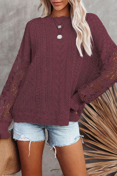 OPENWORK LANTERN SLEEVE DROPPED SHOULDER SWEATER