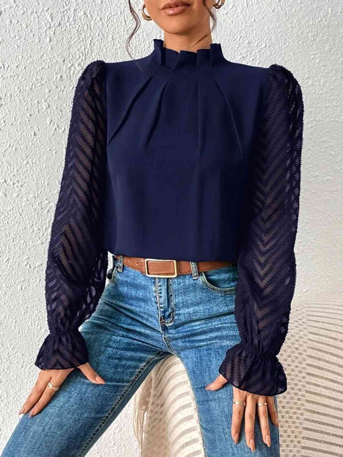 MOCK NECK FLOUNCE SLEEVE BLOUSE