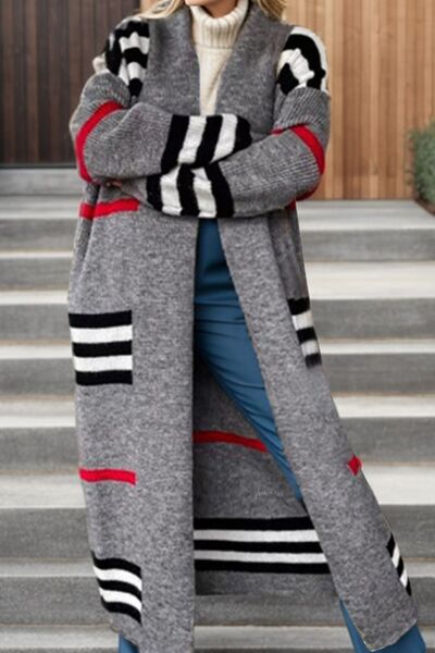 STRIPED OPEN FRONT LONG SLEEVE MAXI  CARDIGAN