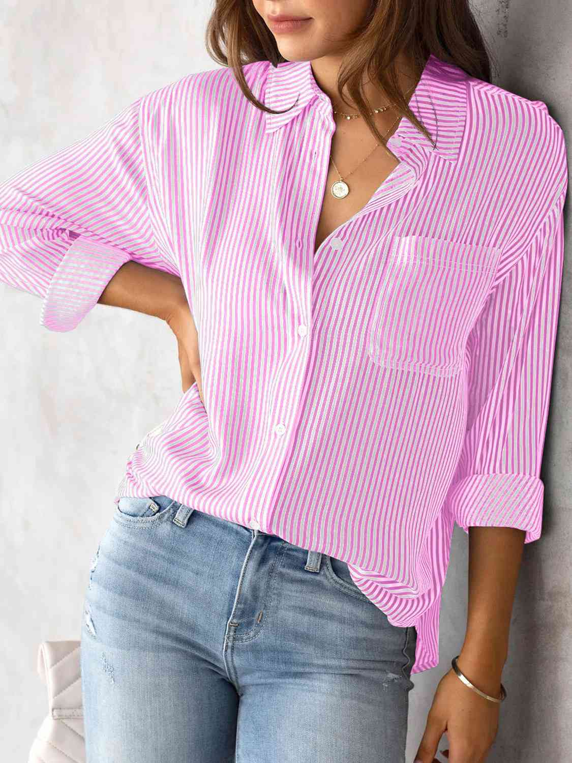 STRIPED COLLARED NECK SHIRT WITH POCKET