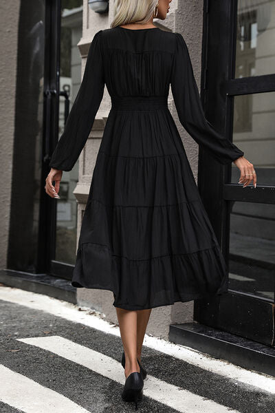 TIERED RUCHED BUTTON UP MIDI DRESS