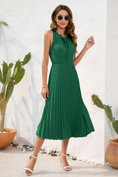 SWISS DOT TIE NECK SLEEVELESS DRESS