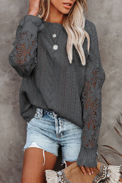 OPENWORK LANTERN SLEEVE DROPPED SHOULDER SWEATER