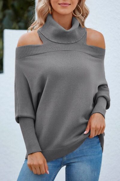 OFF THE SHOULDER TURTLENECK BATWING SLEEVE SWEATER